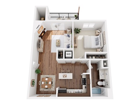 A top-down view of a small apartment with a living room, kitchen, and bathroom.